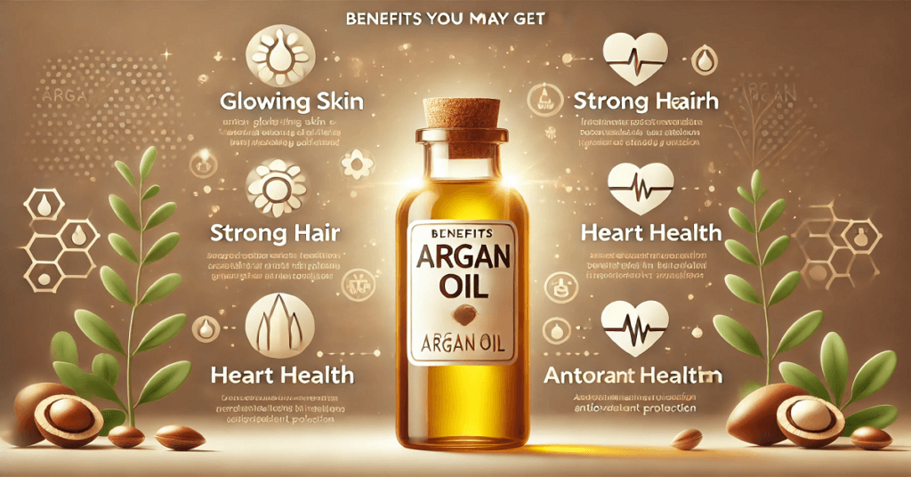 "An engaging image showcasing a bottle of Argan oil surrounded by symbols of health benefits, including glowing skin, strong hair, and heart health. The title 'Benefits You May Get from Consuming Argan Oil' is prominently displayed, emphasizing the oil's natural advantages for wellness and beauty."