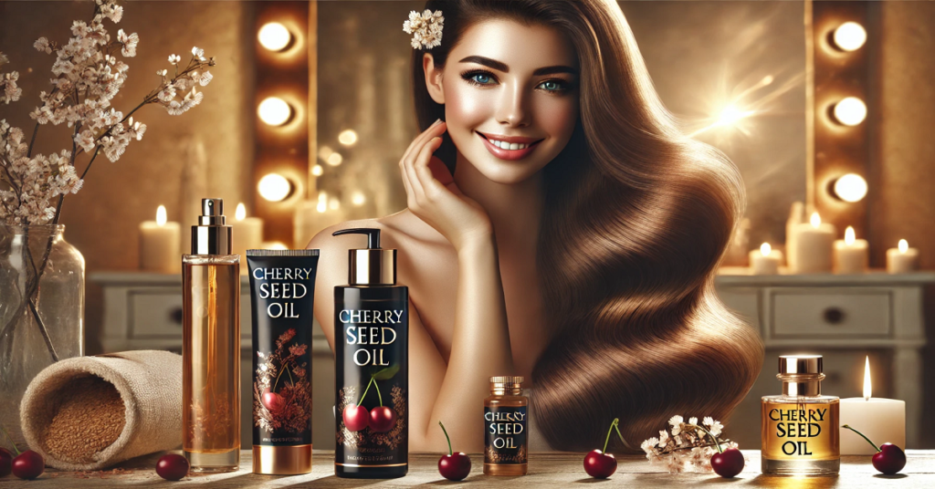 Woman with radiant skin and shiny hair applying cherry extract serum