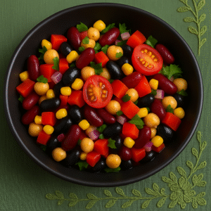 A vibrant gut-friendly bean meal served in a black bowl with chickpeas, black beans, corn, and cherry tomatoes on a green embroidered cloth.