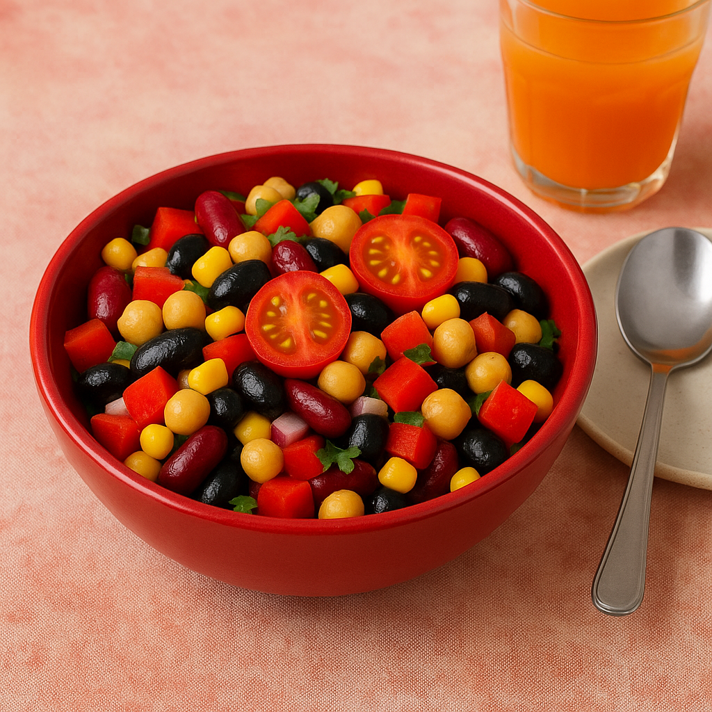 A red bowl of gut-friendly bean salad next to a spoon, plate, and orange juice on a soft pink tablecloth.