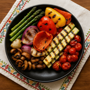 Charred veggie bowl delight served in a rustic ceramic bowl with colorful grilled vegetables arranged beautifully.