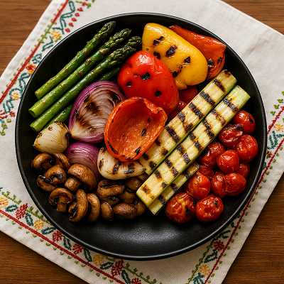 Charred veggie bowl delight served in a rustic ceramic bowl with colorful grilled vegetables arranged beautifully.