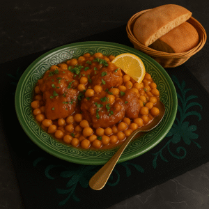 Moroccan slow-cooked meat dish served in a traditional clay pot with chickpeas and herbs