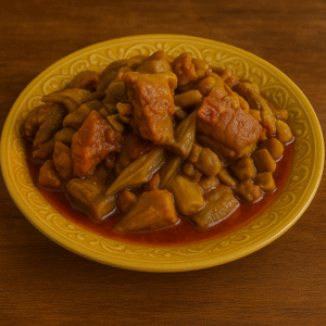 Healthy okra dinner idea featuring a colorful plate of sautéed okra with tomatoes, onions, and brown rice on a rustic wooden table.