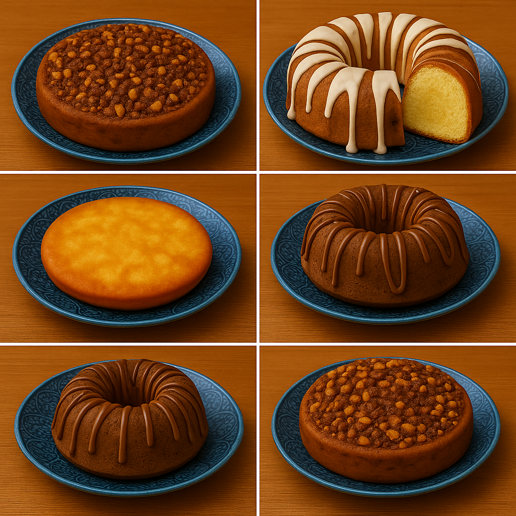 A collage of six gourmet cakes on blue patterned plates, including nut-topped, glazed, and golden sponge varieties