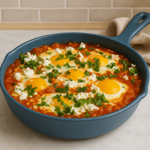 Savory egg skillet with greens served in a cast iron pan, showcasing runny yolks, sautéed spinach, and herbs on a rustic wooden table.