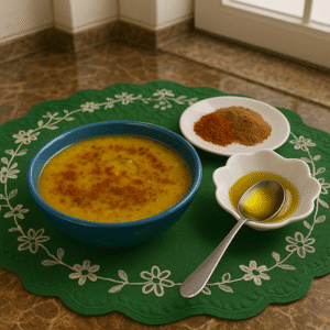 wholesome creamy dip served in a rustic ceramic bowl, topped with olive oil and fresh herbs, ready for an authentic Moroccan experience.