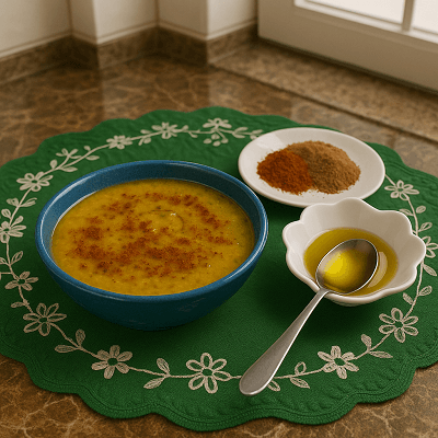 wholesome creamy dip served in a rustic ceramic bowl, topped with olive oil and fresh herbs, ready for an authentic Moroccan experience.