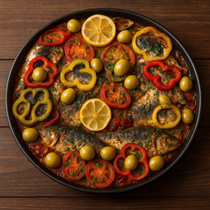 Clean eating sardine dinner served oven-baked on a bed of colorful Mediterranean vegetables in a rustic baking dish.
