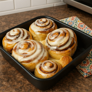 Freshly baked crispy cinnamon custard cake rolls glazed with icing in a square black pan on a rustic wooden surface.