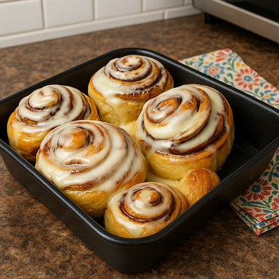 Freshly baked crispy cinnamon custard cake rolls glazed with icing in a square black pan on a rustic wooden surface.