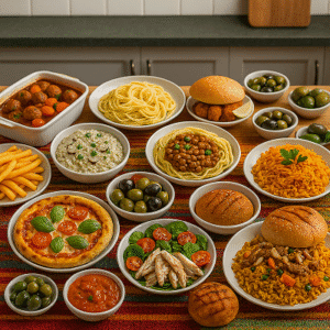 Levantine flavor ritual with traditional dishes like kibbeh, shawarma, and mansaf served on elegant plates.