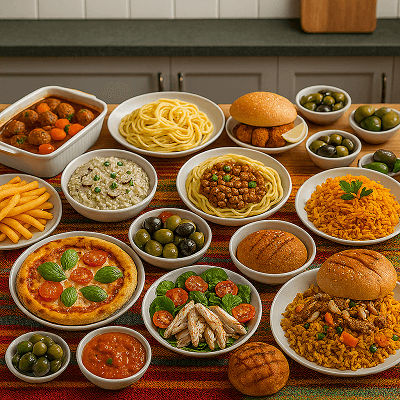 Levantine flavor ritual with traditional dishes like kibbeh, shawarma, and mansaf served on elegant plates.