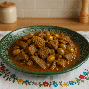 Authentic Moroccan festive stew served in a traditional ceramic dish, garnished with herbs and olives.