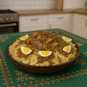 homestyle North African food served on a traditional Moroccan clay dish with saffron chicken, msemen strips, and aromatic broth.