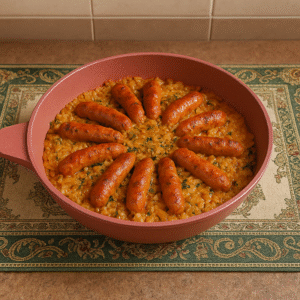Traditional meat casings recipe displayed on a rustic wooden table with herbs and spices.