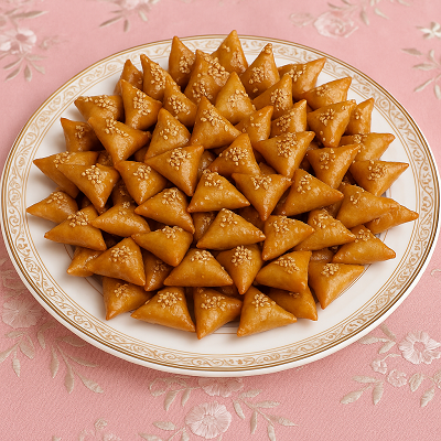 Golden sweet pastry triangles served on a traditional Moroccan plate, glazed with honey and sprinkled with sesame seeds.