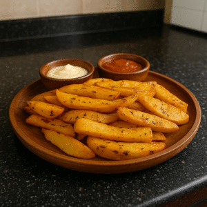 Perfect crispy potato treats beautifully arranged on a rustic wooden plate, showcasing golden, crunchy potato wedges ready to serve.