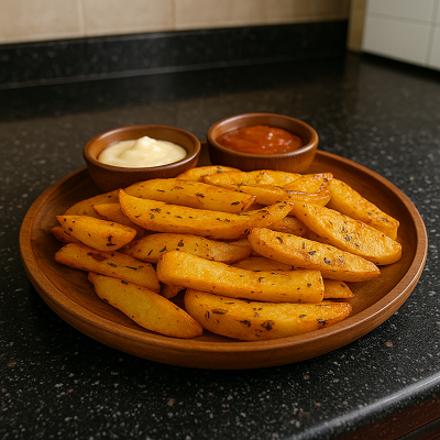 Perfect crispy potato treats beautifully arranged on a rustic wooden plate, showcasing golden, crunchy potato wedges ready to serve.