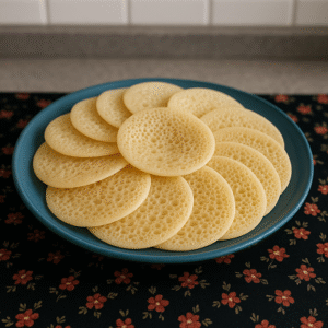 honeycomb pancake delight served on a traditional plate, featuring perfectly formed holes, a golden surface, and a drizzle of warm honey.