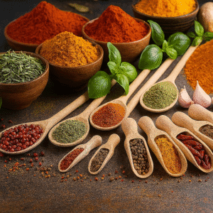 Culinary soaking formula displayed through vibrant marinated meats, herbs, and global spices on a rustic wooden table.