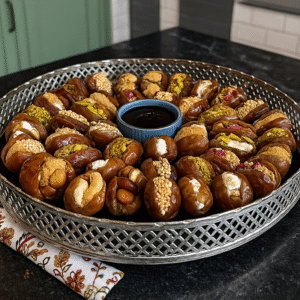 Energy-boosting dessert beautifully displayed with assorted nuts, dates, and vibrant natural ingredients on a wooden platter.