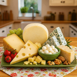 Ancestral cream delicacy served on a rustic wooden board featuring natural cheeses and golden ghee varieties.