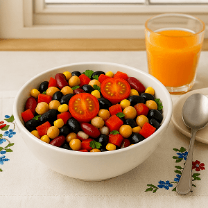 gut‑friendly bean meals served in a white bowl with chickpeas, black beans, kidney beans, corn, red peppers, and cherry tomatoes, placed on a colorful embroidered cloth near a kitchen window.