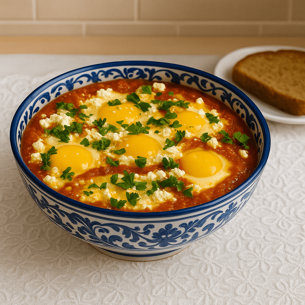 savory egg skillet with greens served in a white bowl with red polka dots, garnished with parsley and cheese over a rich tomato base, placed on an embroidered cloth with a slice of whole grain bread on the side.