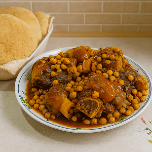 Moroccan slow-cooked meat dish with tender meat, chickpeas, and rich sauce, served on a patterned white plate with traditional Moroccan bread in a basket, set on a kitchen counter.
