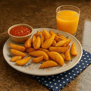 perfect crispy potato treats served on a white plate with spicy red sauce and orange juice, placed on a blue embroidered napkin over a light brown marble surface.