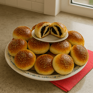 soft cocoa-filled roll with a golden sesame crust, arranged on a floral white plate near a window, placed over a pink napkin.