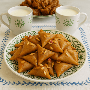 golden sweet pastry triangles topped with pine nuts and rose petals, served on a white plate with green patterns, accompanied by two white cups of milk on a white and blue embroidered cloth.