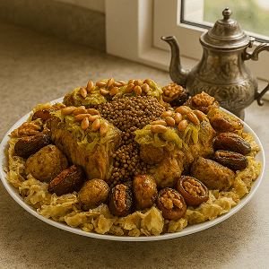 homestyle North African food featuring a traditional layered dish with lentils, chicken, pine nuts, and dates, served on a white plate near a kitchen window with a silver teapot.