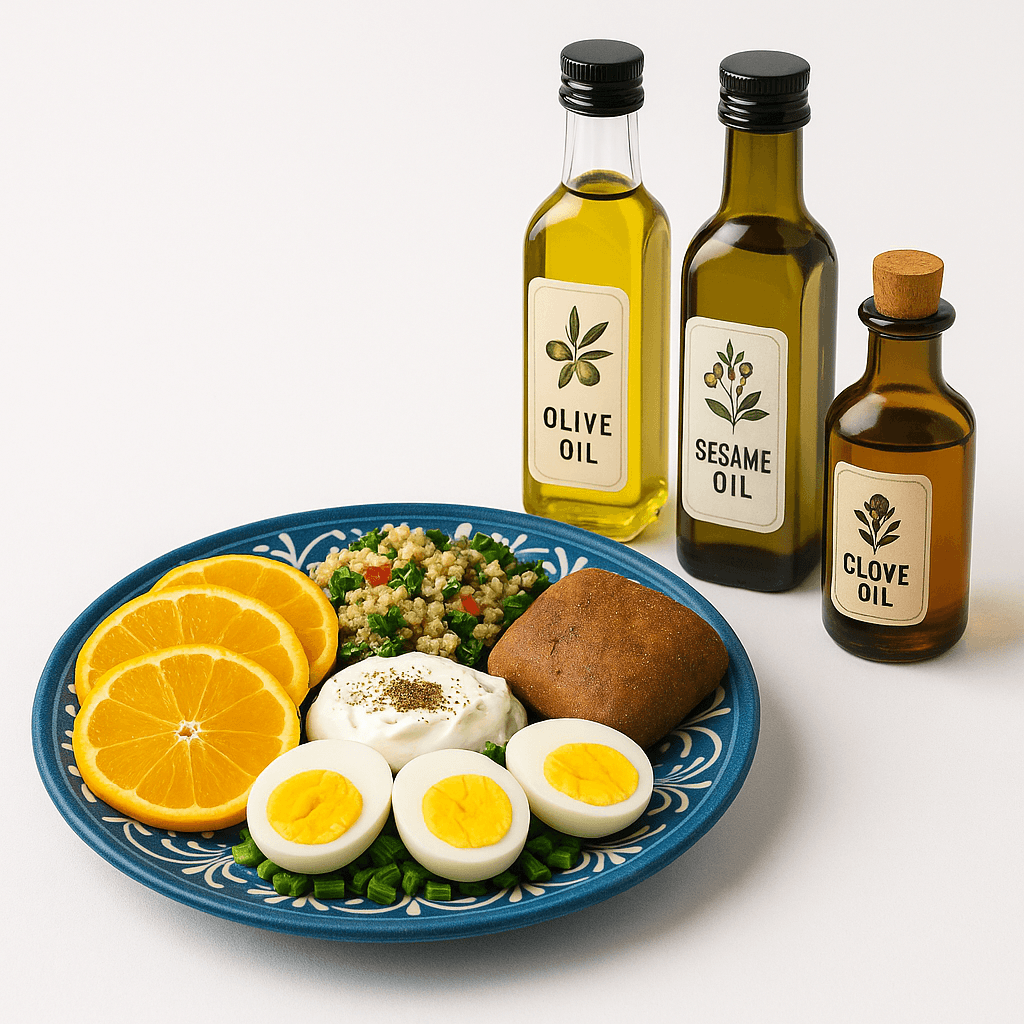 Nourishment Through Nature – a healthy Mediterranean plate with eggs, oranges, whole grain salad, and natural oils.