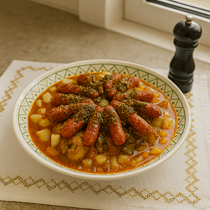 traditional meat casings recipe served in a white patterned bowl with sausages in red sauce, placed on a golden-embroidered white cloth near a sunny kitchen window.