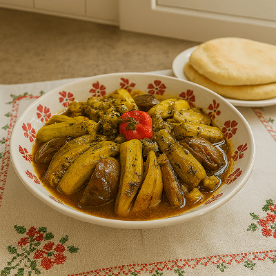healthy okra dinner idea served in a white bowl with red floral patterns, featuring tender okra and eggplant in a rich broth, accompanied by pita bread on a traditional embroidered cloth.