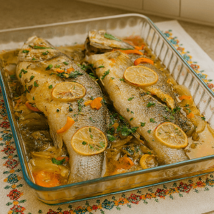 clean eating sardine dinner featuring two whole baked fish garnished with lemon slices, carrots, and herbs in a glass dish over a colorful embroidered tablecloth in a kitchen setting.