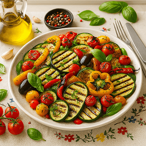 warm grilled veggie bowl with zucchini, cherry tomatoes, bell peppers, and fresh herbs served on a white ceramic plate over an embroidered tablecloth near a kitchen window.