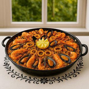Mediterranean fusion feast preview image with golden rice and seafood beside herbs and lemons
