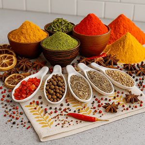 Culinary soaking formula concept shown through global dishes prepared with infused meats and spices.