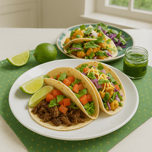 Freshly stuffed meal ideas featuring a trio of tacos filled with crisp lettuce, juicy tomatoes, shredded cheese, and creamy toppings, beautifully presented on a white plate with a polka-dotted blue cloth.