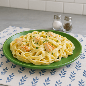 Pasta harmony highlighted with golden tones of creamy chicken and mushrooms, styled for homepage display