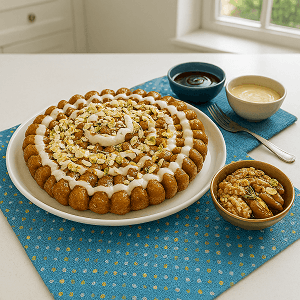 Energy-boosting dessert topped with crushed nuts and creamy glaze on a white plate, presented on a patterned blue cloth in a cozy kitchen setting.