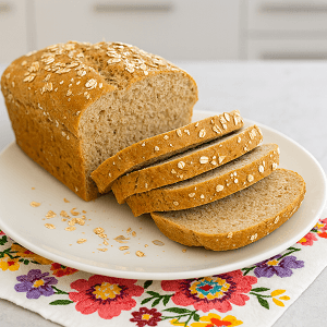Freshly baked oatorigin vitality recipe on a white plate with colorful embroidery, set in a cozy kitchen background.
