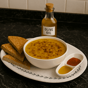 wholesome creamy dip served in a white bowl, accompanied by sesame-crusted bread, olive oil, and spices on a white embroidered cloth.