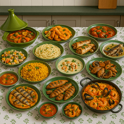 A vibrant assortment of Mediterranean seafood dishes served in green patterned plates on a white tablecloth with green embroidery, arranged on a kitchen table.