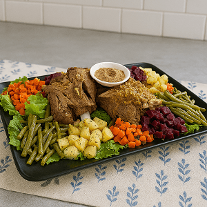 Slow-steamed aroma medley presented as a homepage highlight with a colorful Moroccan dish and fresh herbs