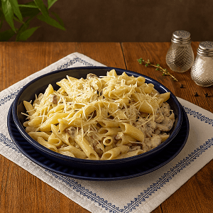 family-style creamy dish served on a dark blue plate, topped with shredded cheese and set on a white embroidered napkin over a rustic wooden table.