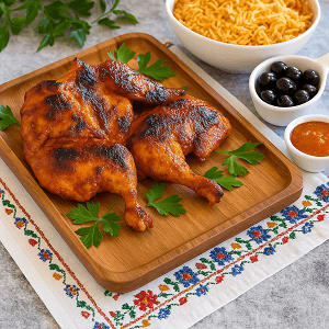Balanced sesame glaze meal served with raw cabbage slaw, shredded carrots, and fresh greens on a blue floral plate.